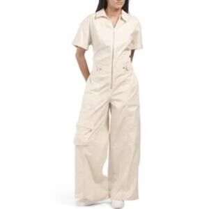 ZARA White Beige Short Sleeve Utility Jumpsuit with Wide Legs - LARGE NWT